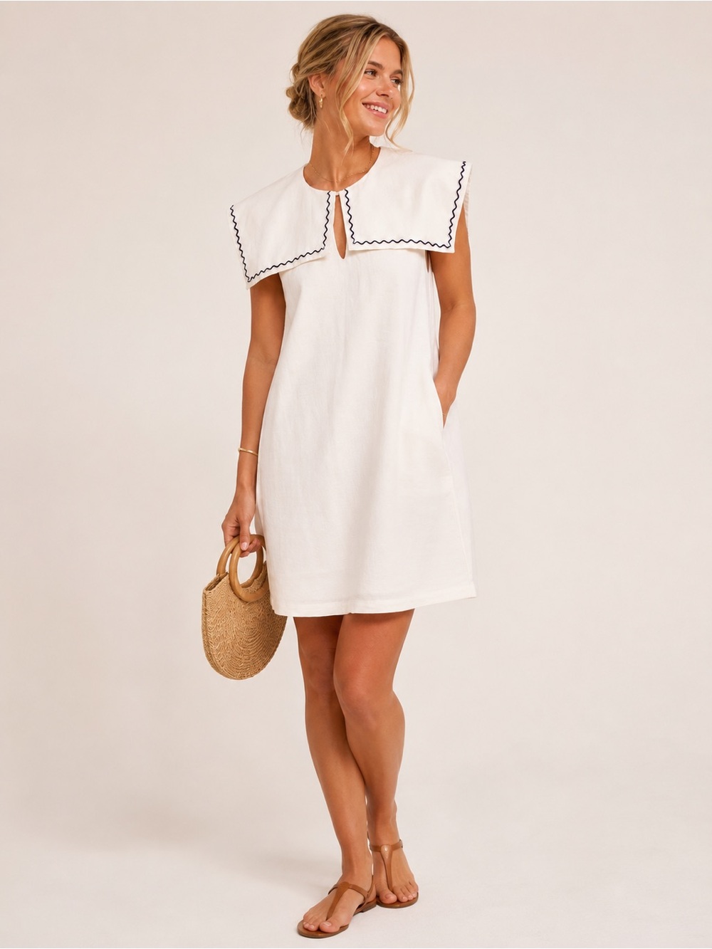 English Factory ivory White Sailor Collar Linen Blend Shift Mini Dress Nautical